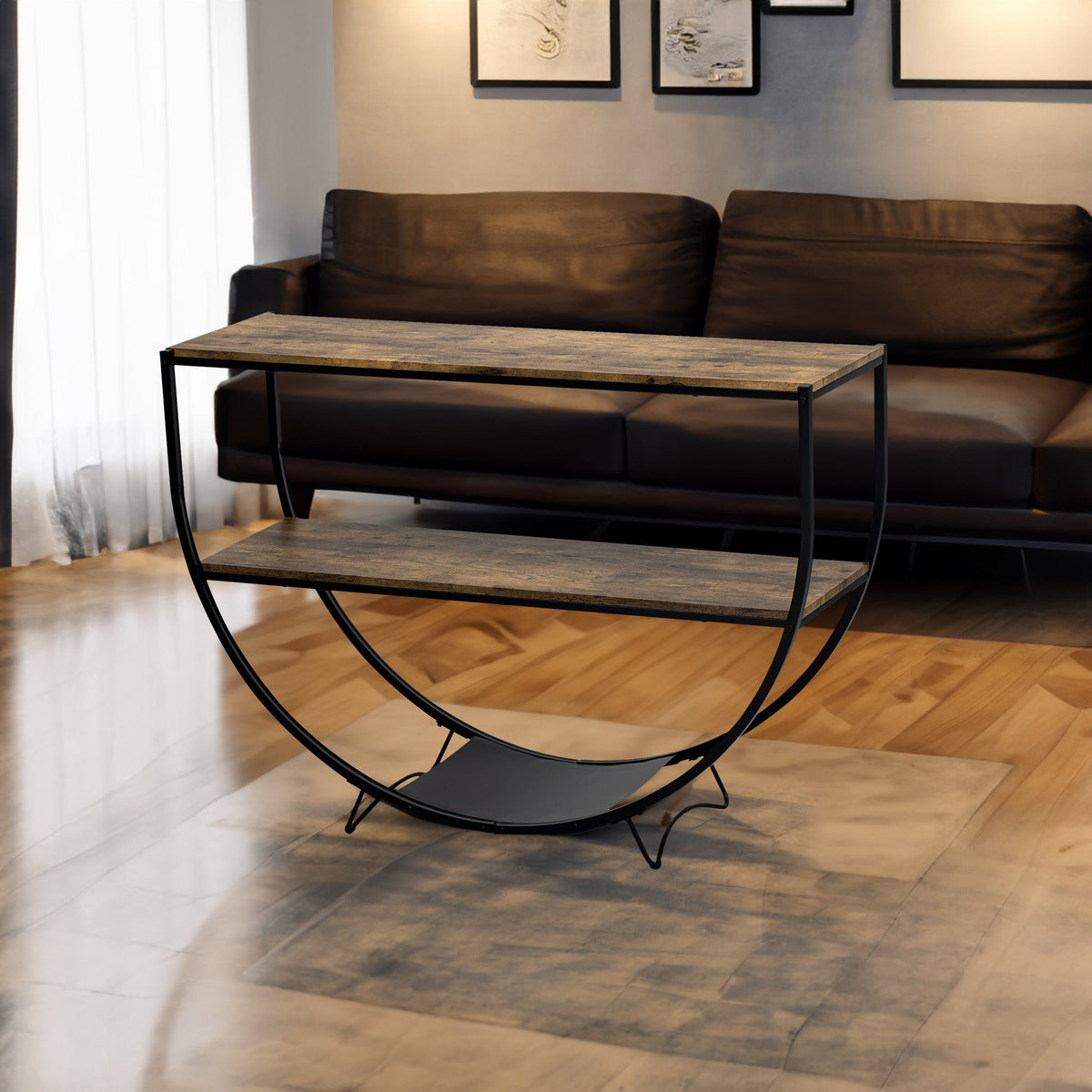 Demilune Console Table: Rustic Industrial Open Shelving