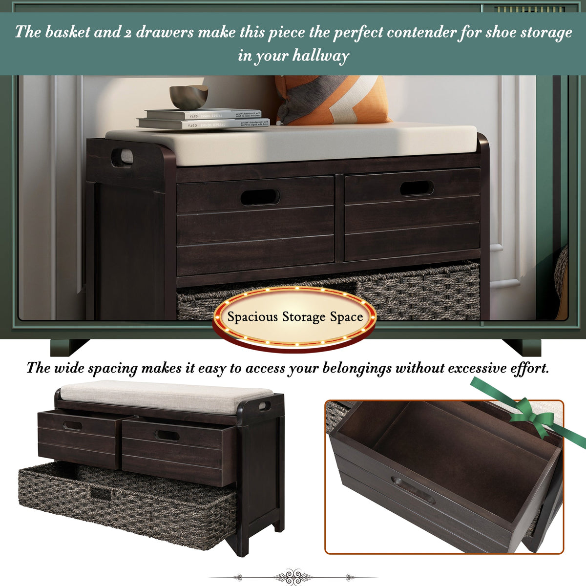 Entryway Storage Bench with Shoe Drawers and Basket