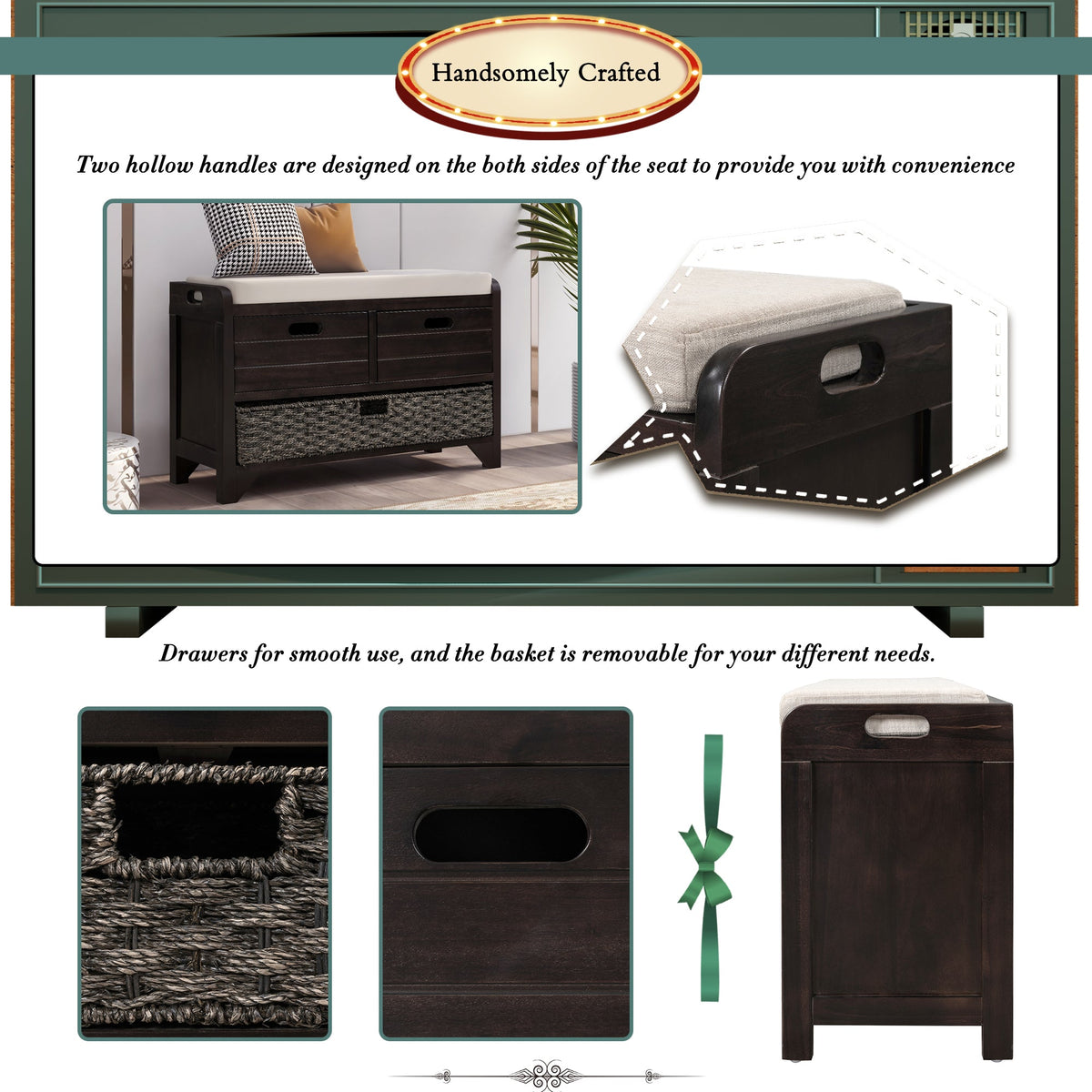 Entryway Storage Bench with Shoe Drawers and Basket