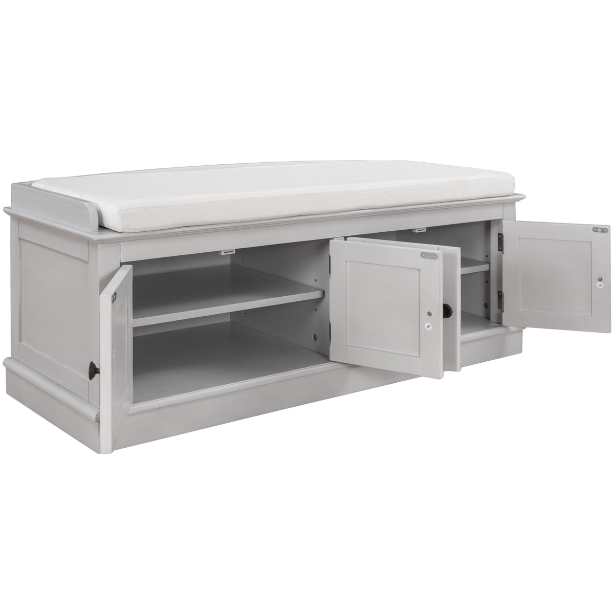 Entryway Storage Bench with Doors and Cushioned Seat
