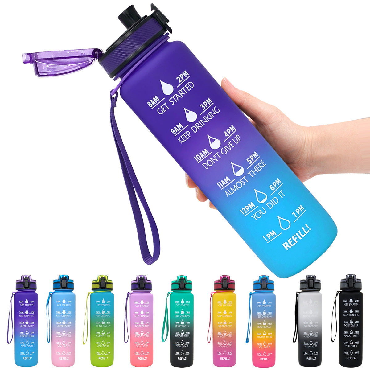 Frosted Tritan Water Bottle 1L with Hydration Markers
