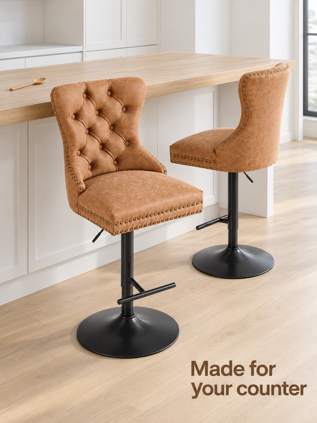 Tufted PU Leather Swivel Bar Stool, 25-33 Inch Height