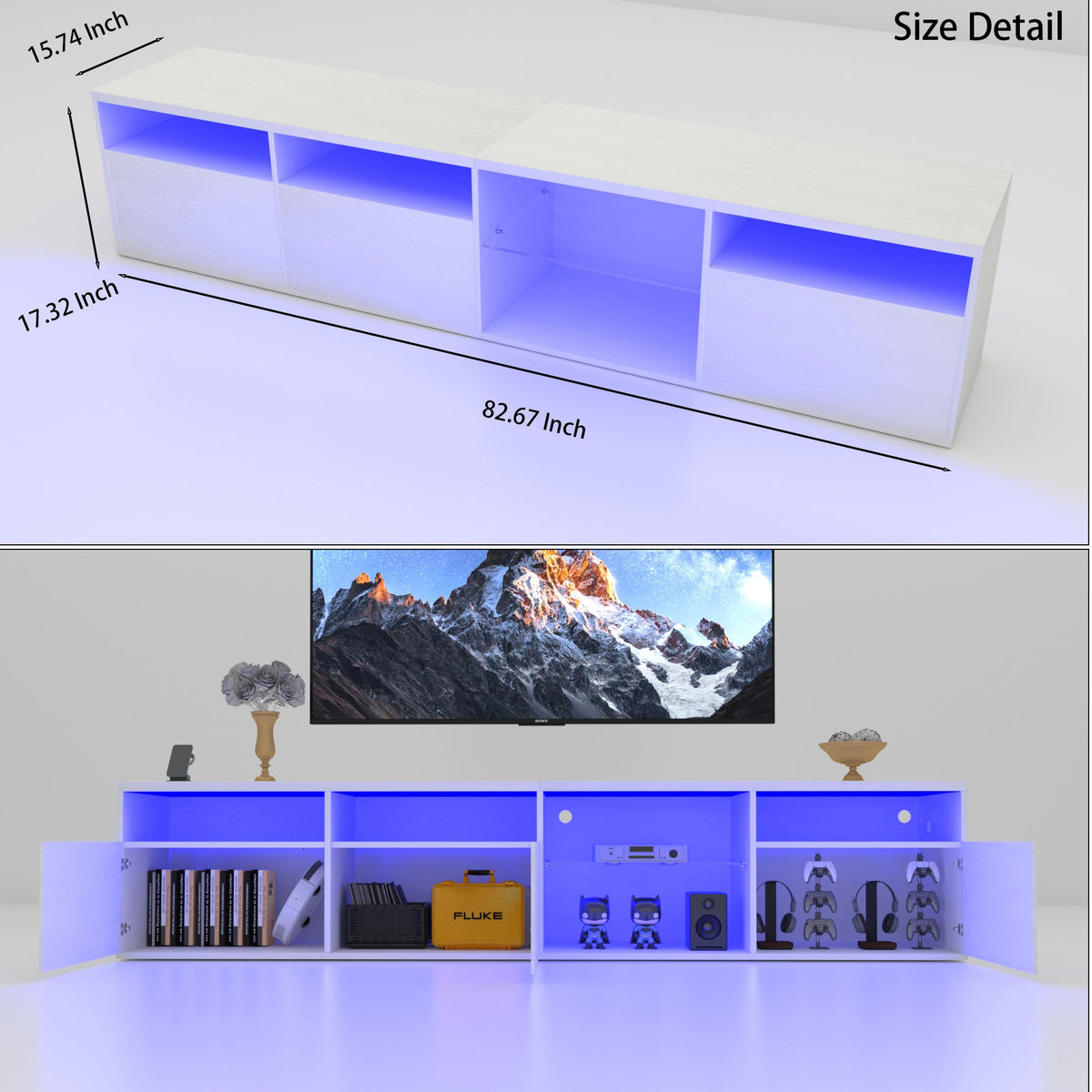 Modern 82.6-Inch TV Console with Storage and LED Glow