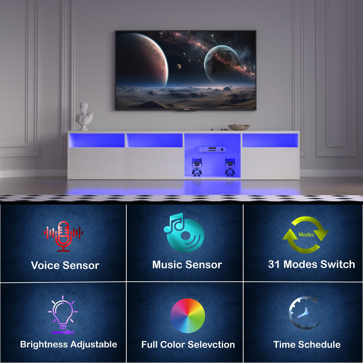Modern 82.6-Inch TV Console with Storage and LED Glow