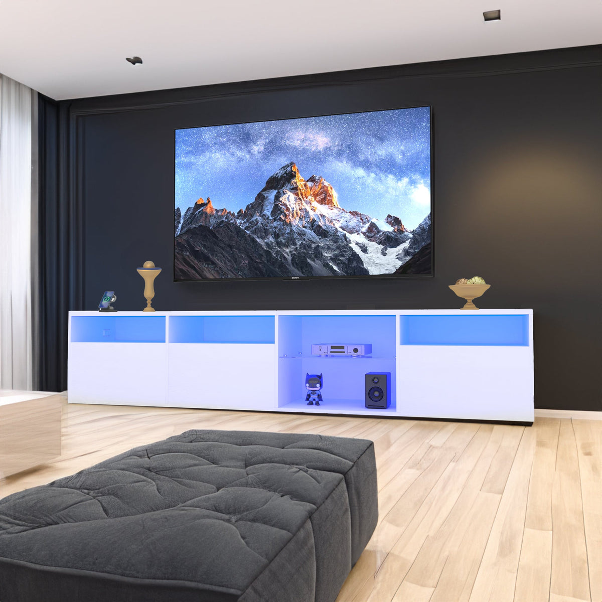 Modern 82.6-Inch TV Console with Storage and LED Glow