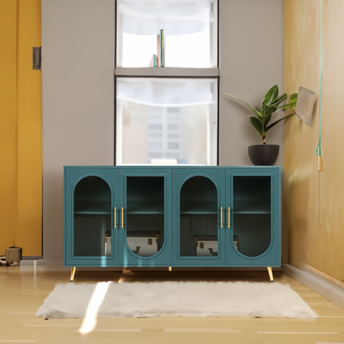 Teal Wood TV Stand for 65" TV with Fluted Glass Doors