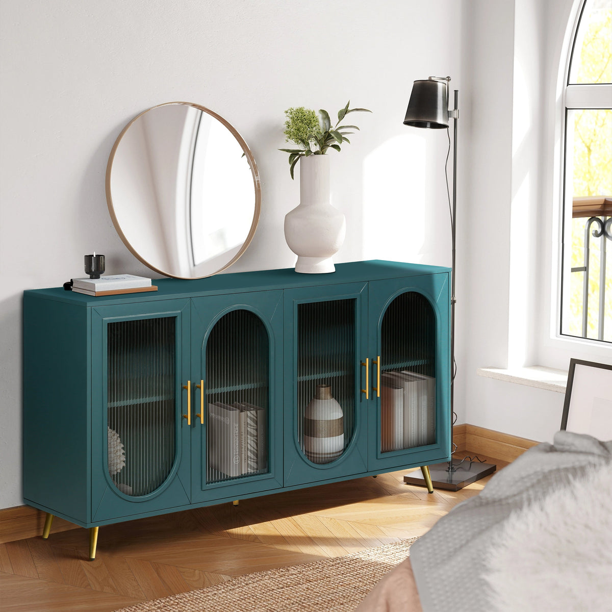 Teal Wood TV Stand for 65" TV with Fluted Glass Doors