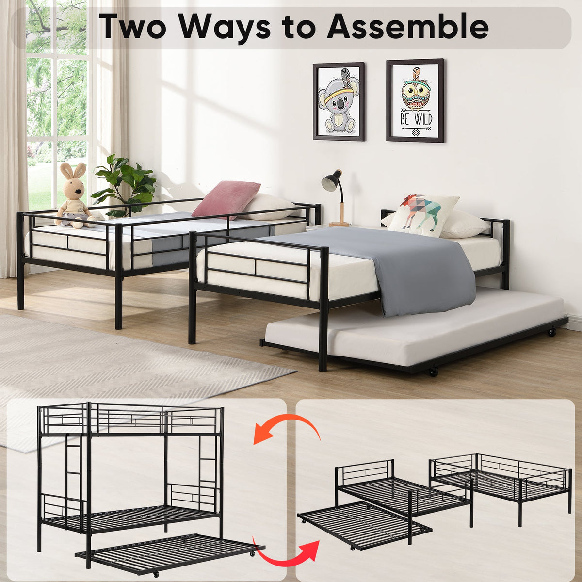Black Metal Twin Bunk Bed with Trundle for Kids' Rooms
