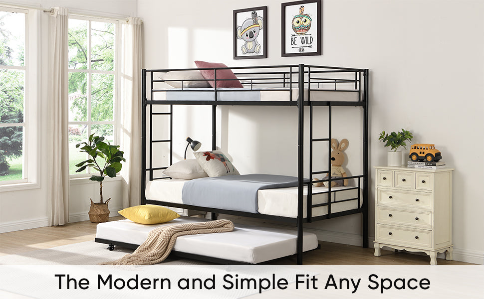 Black Metal Twin Bunk Bed with Trundle for Kids' Rooms