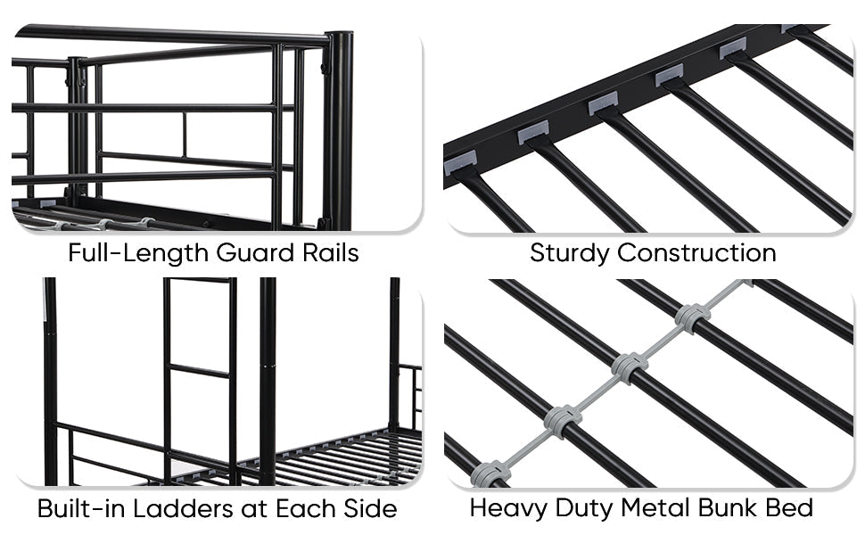 Black Metal Twin Bunk Bed with Trundle for Kids' Rooms