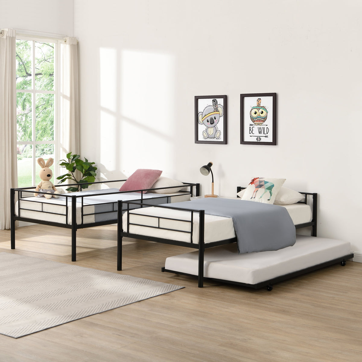 Black Metal Twin Bunk Bed with Trundle for Kids' Rooms