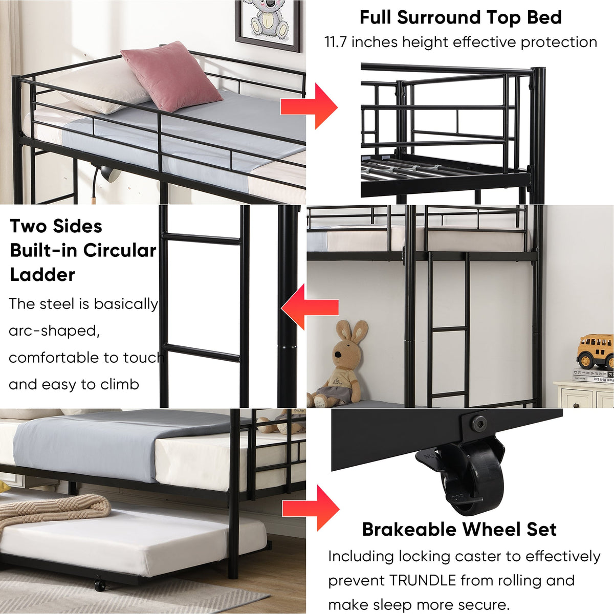 Black Metal Twin Bunk Bed with Trundle for Kids' Rooms