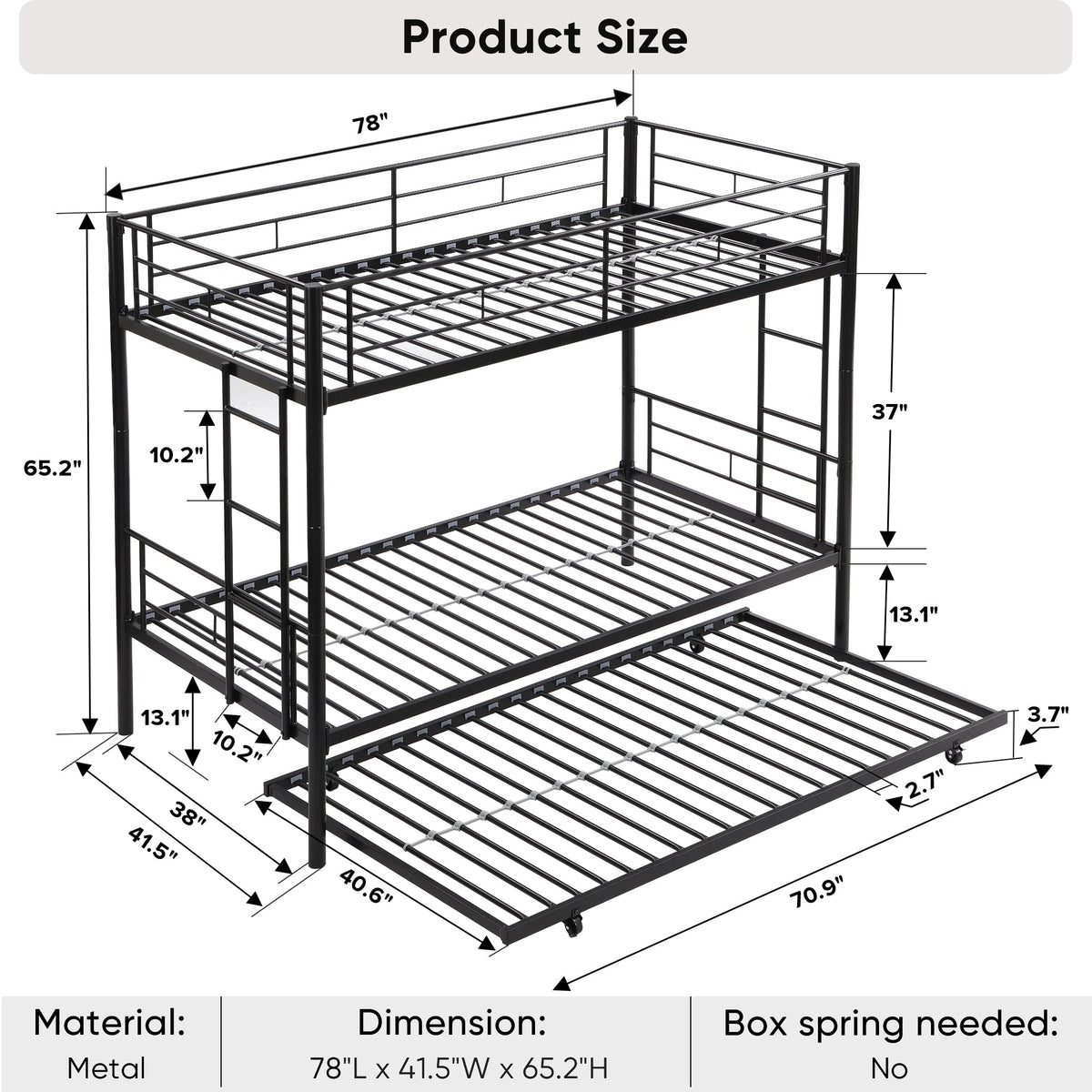 Black Metal Twin Bunk Bed with Trundle for Kids' Rooms
