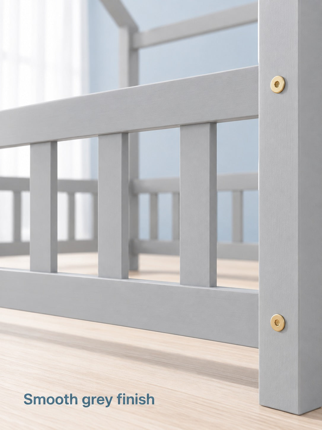 Twin Floor Bed with Guardrails for Toddlers, Grey Wood