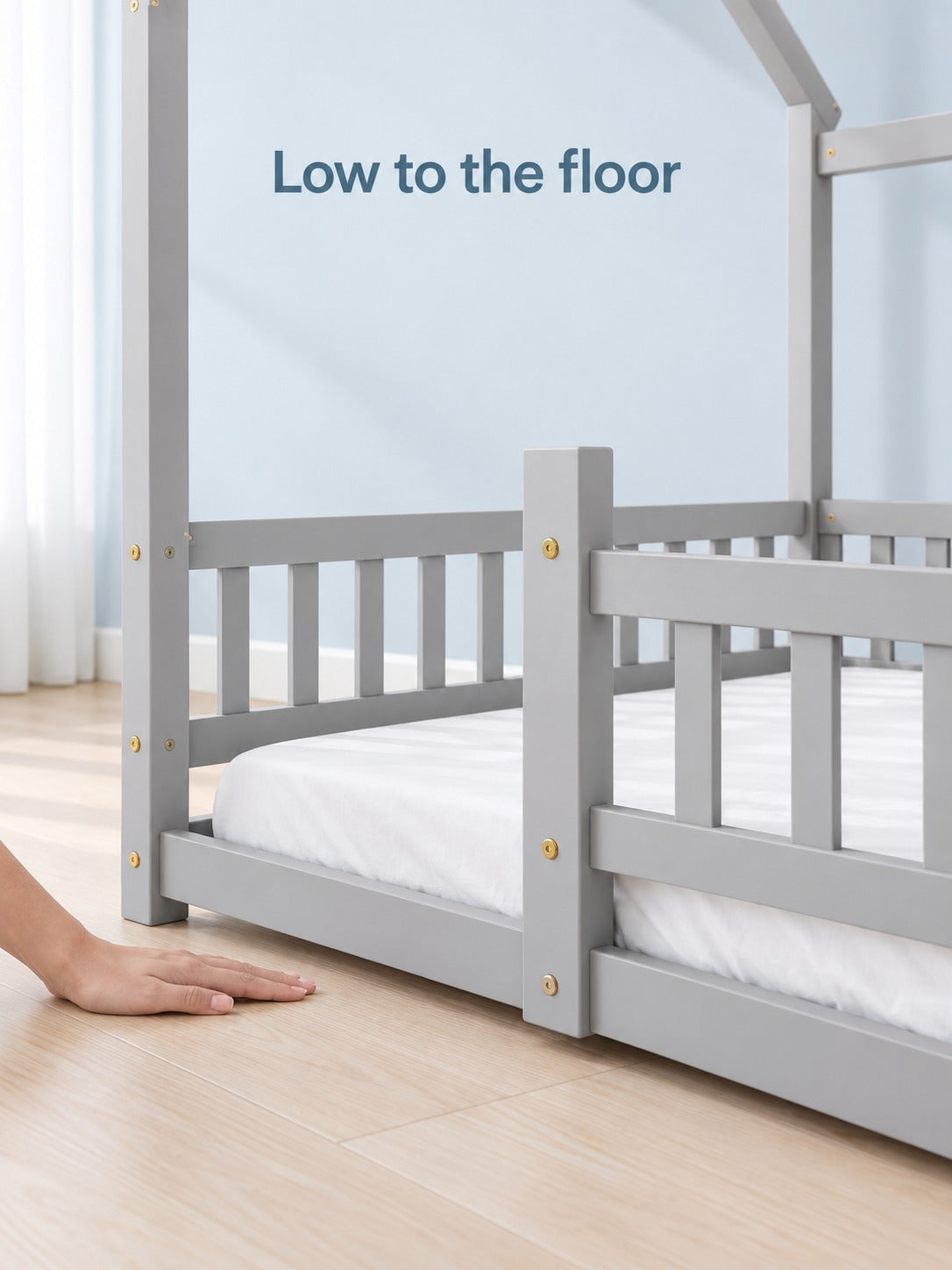 Twin Floor Bed with Guardrails for Toddlers, Grey Wood