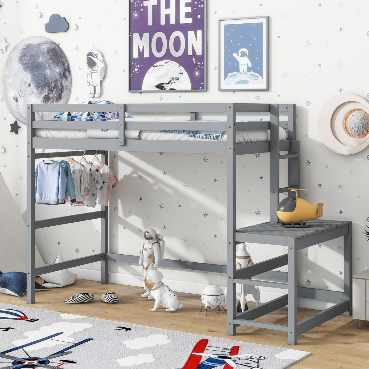 Twin Loft Bed with Ladder and Landing Platform, Grey