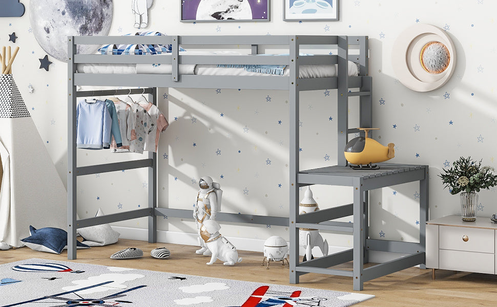 Twin Loft Bed with Ladder and Landing Platform, Grey