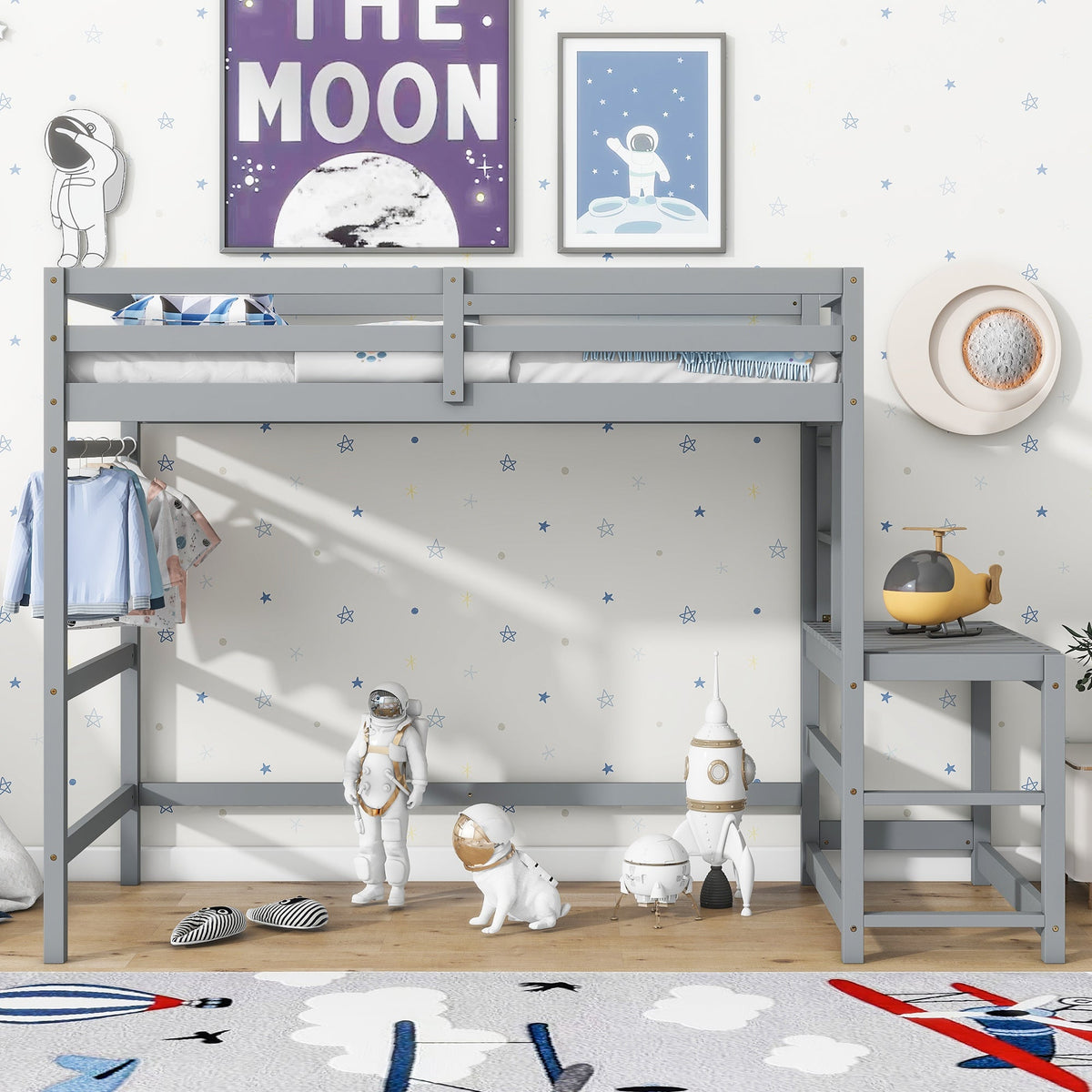 Twin Loft Bed with Ladder and Landing Platform, Grey