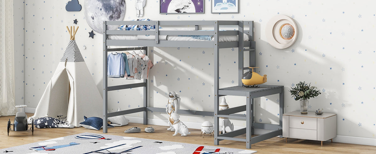 Twin Loft Bed with Ladder and Landing Platform, Grey