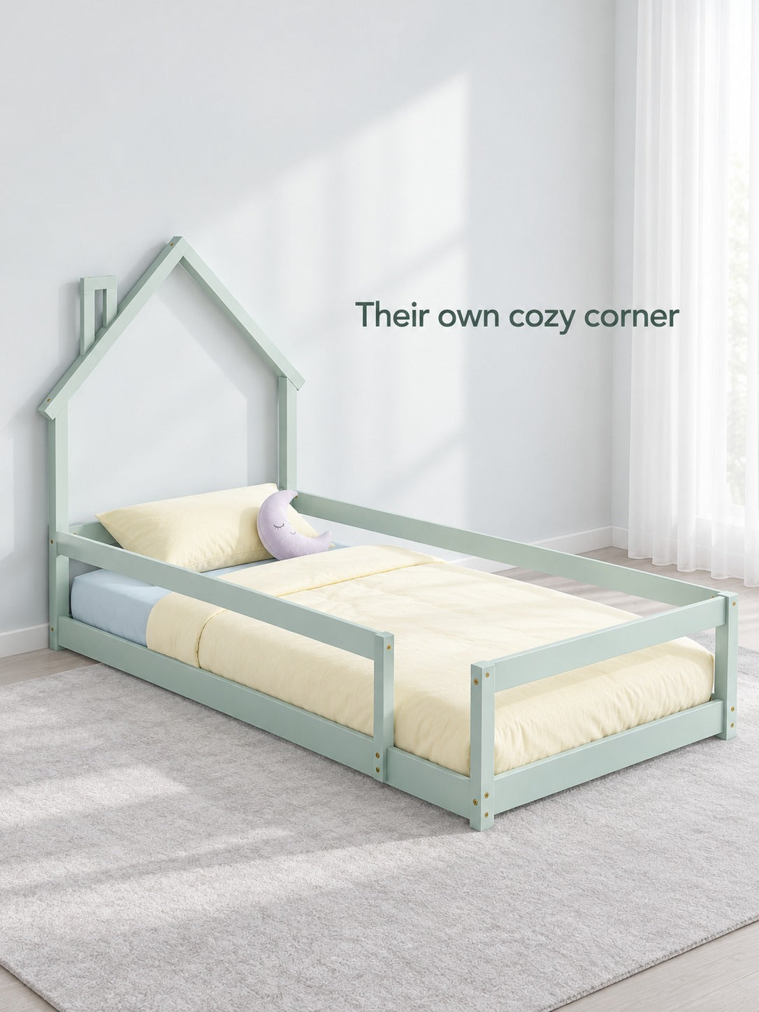 Twin Kids Floor Bed Frame with House Headboard & Rails