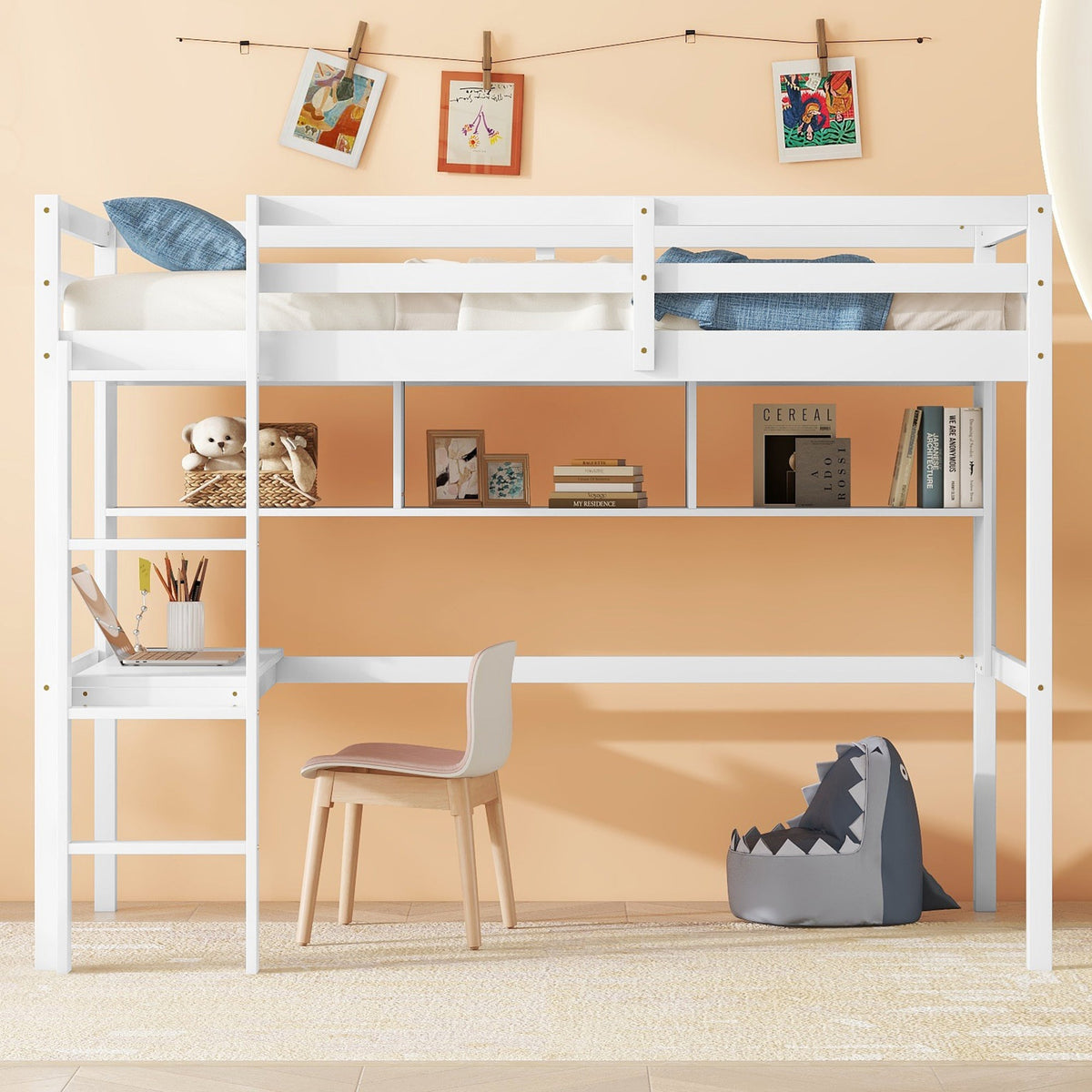 Full Size Loft Bed with Desk and Bookcase for Kids