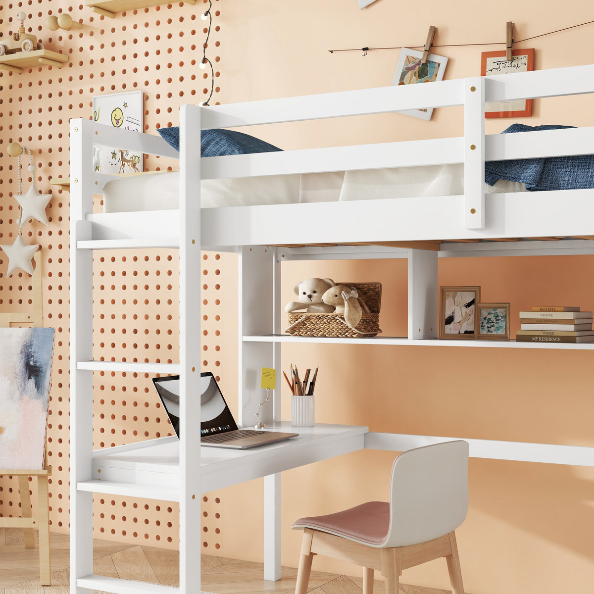 Full Size Loft Bed with Desk and Bookcase for Kids