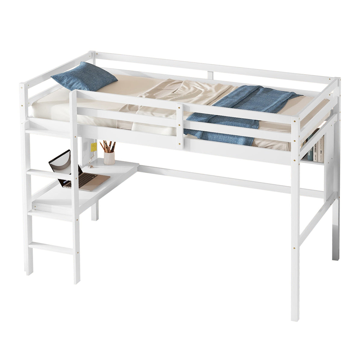 Full Size Loft Bed with Desk and Bookcase for Kids