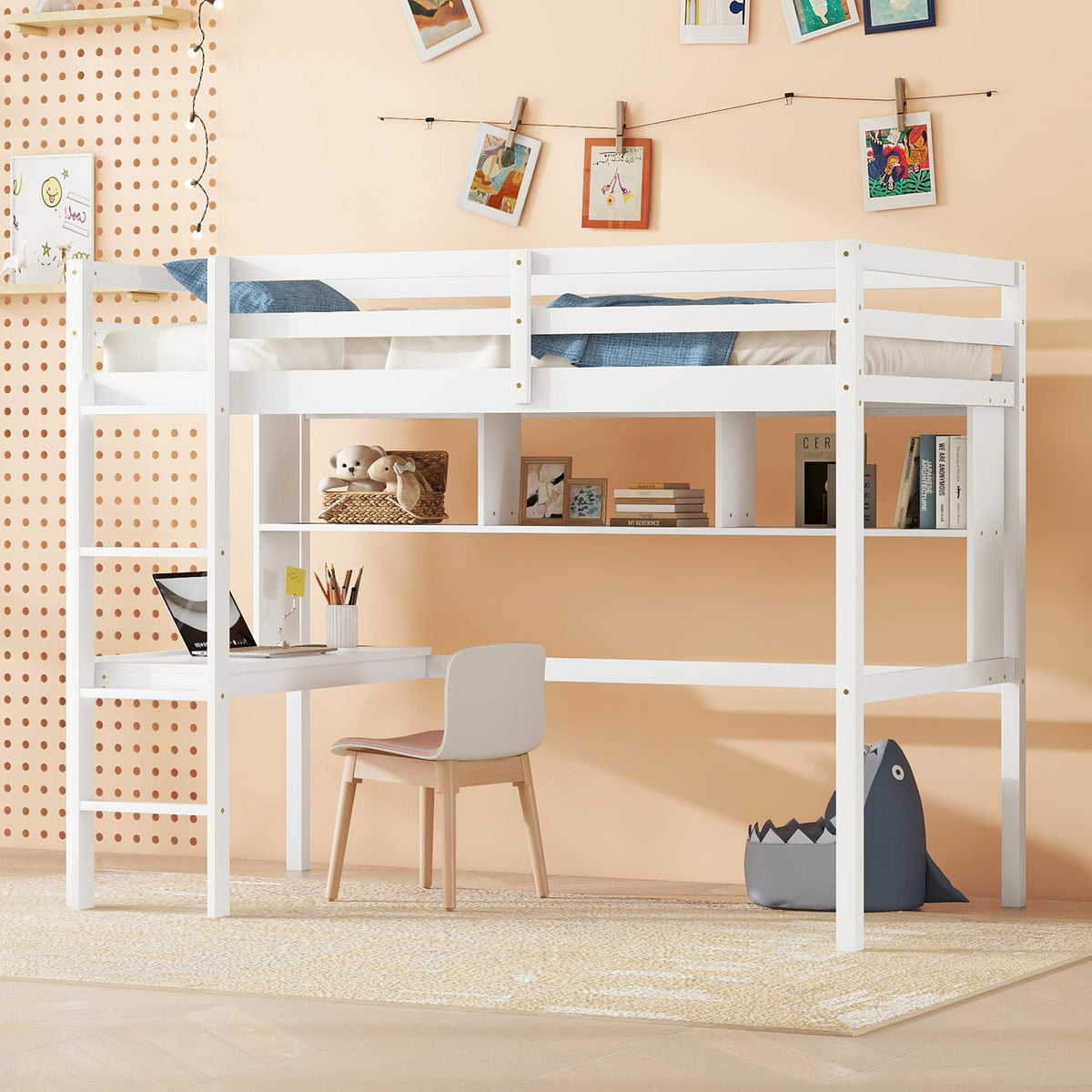 Full Size Loft Bed with Desk and Bookcase for Kids