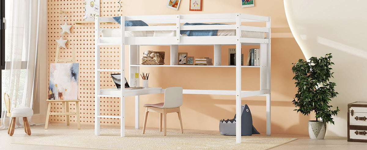 Full Size Loft Bed with Desk and Bookcase for Kids