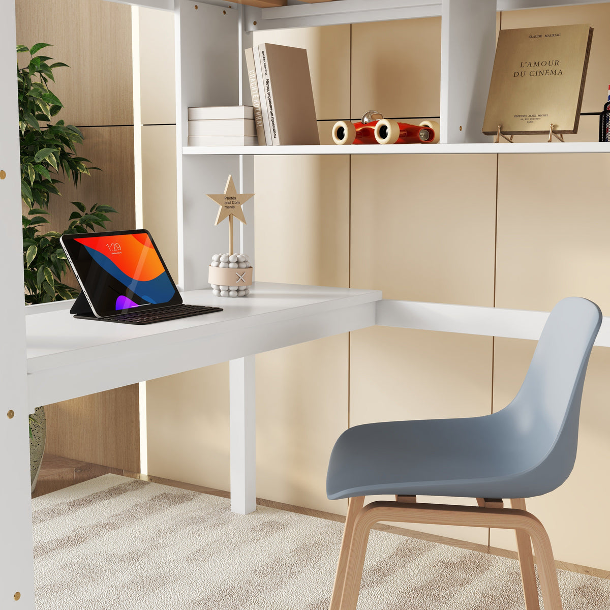 Full Size Loft Bed with Desk and Bookcase for Kids