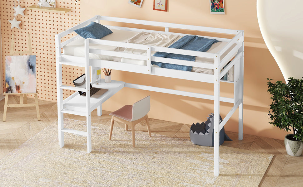 Full Size Loft Bed with Desk and Bookcase for Kids