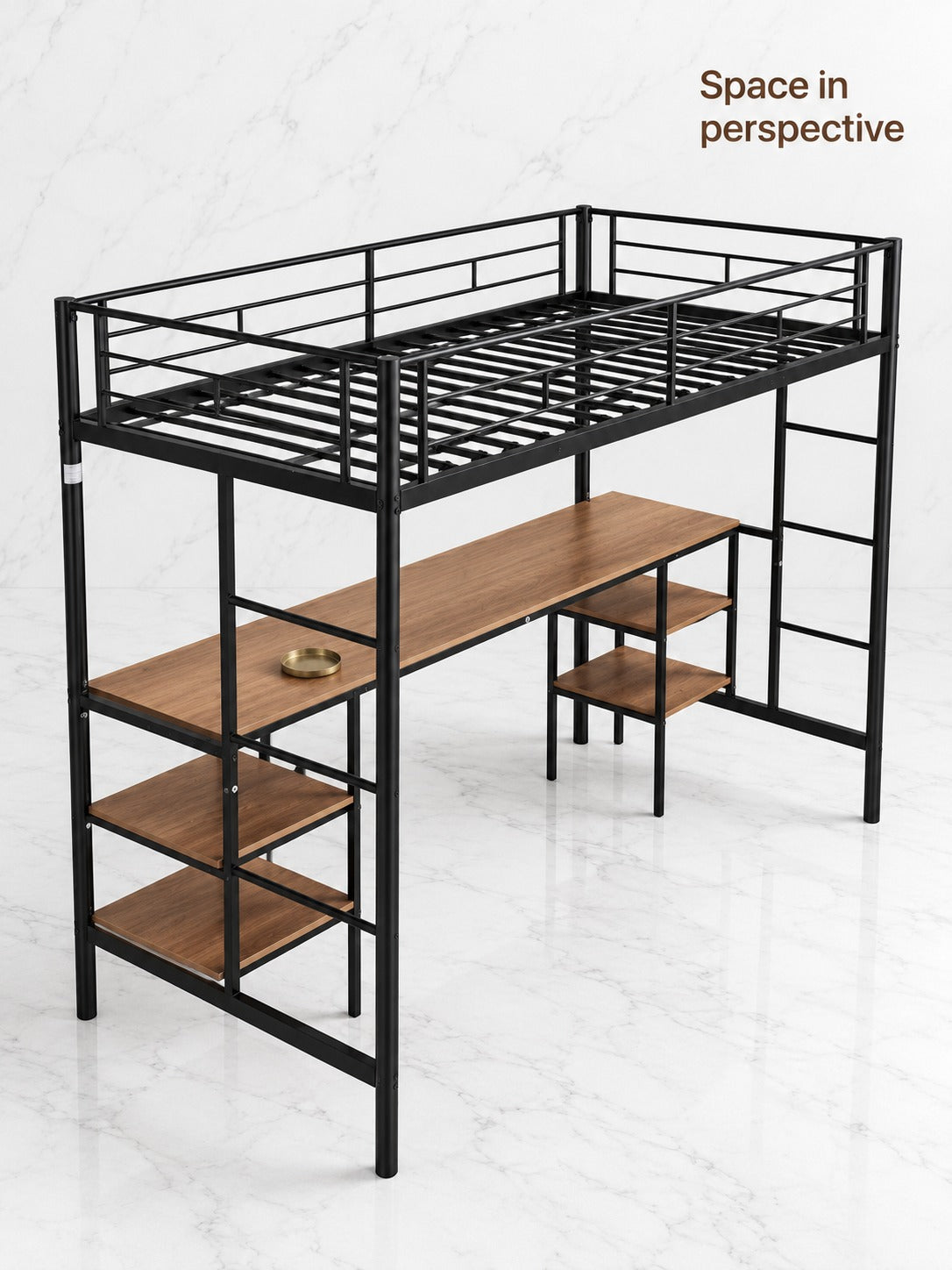 Twin Loft Bed with Built-In Desk, Shelves and Guardrail