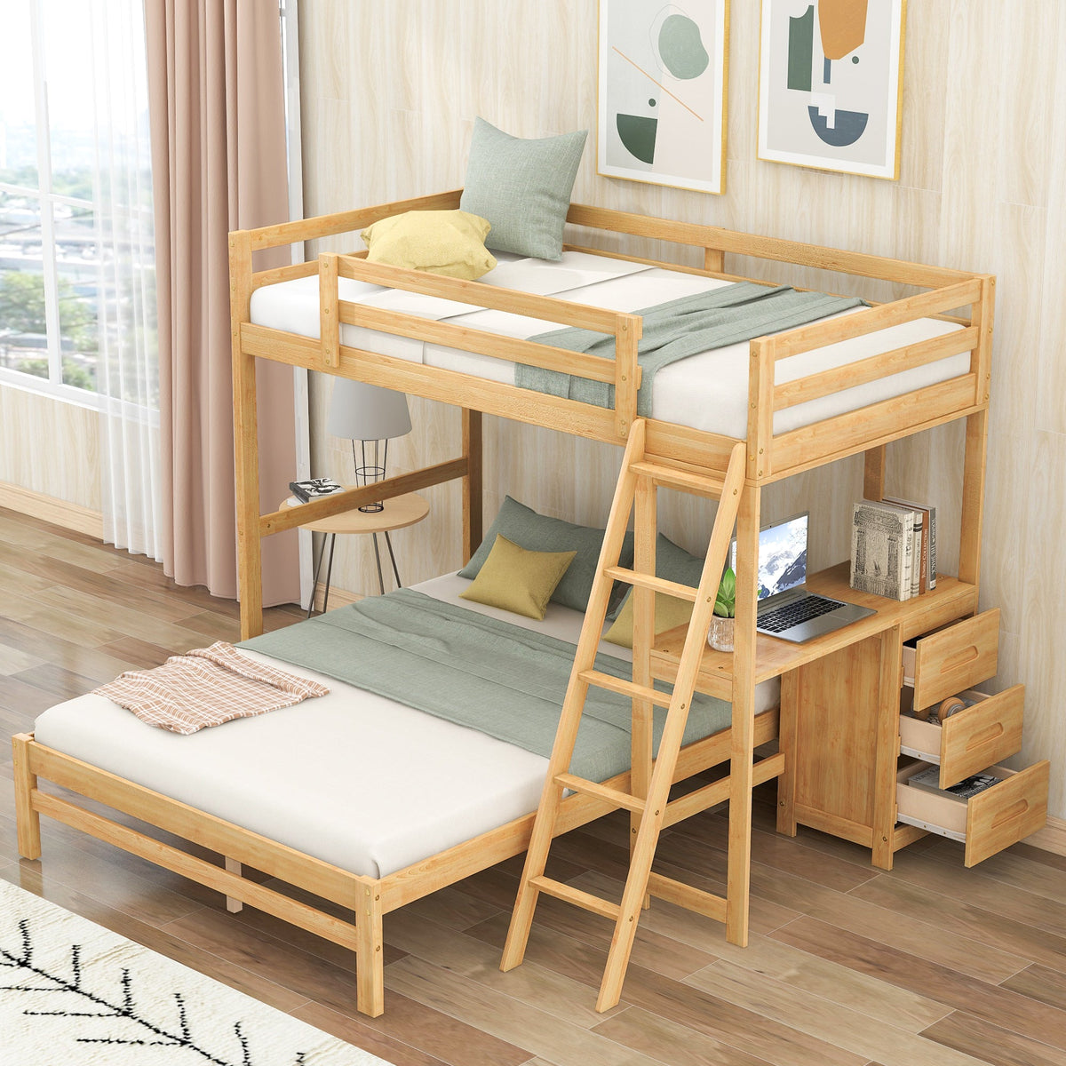 Twin Over Full Bunk Bed with Desk and Storage Drawers