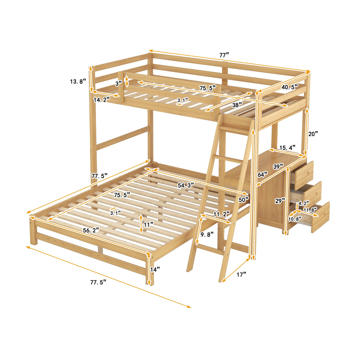 Twin Over Full Bunk Bed with Desk and Storage Drawers