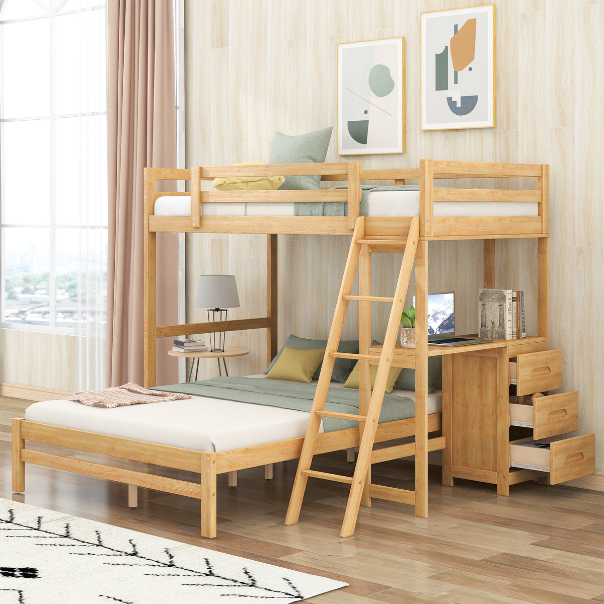 Twin Over Full Bunk Bed with Desk and Storage Drawers