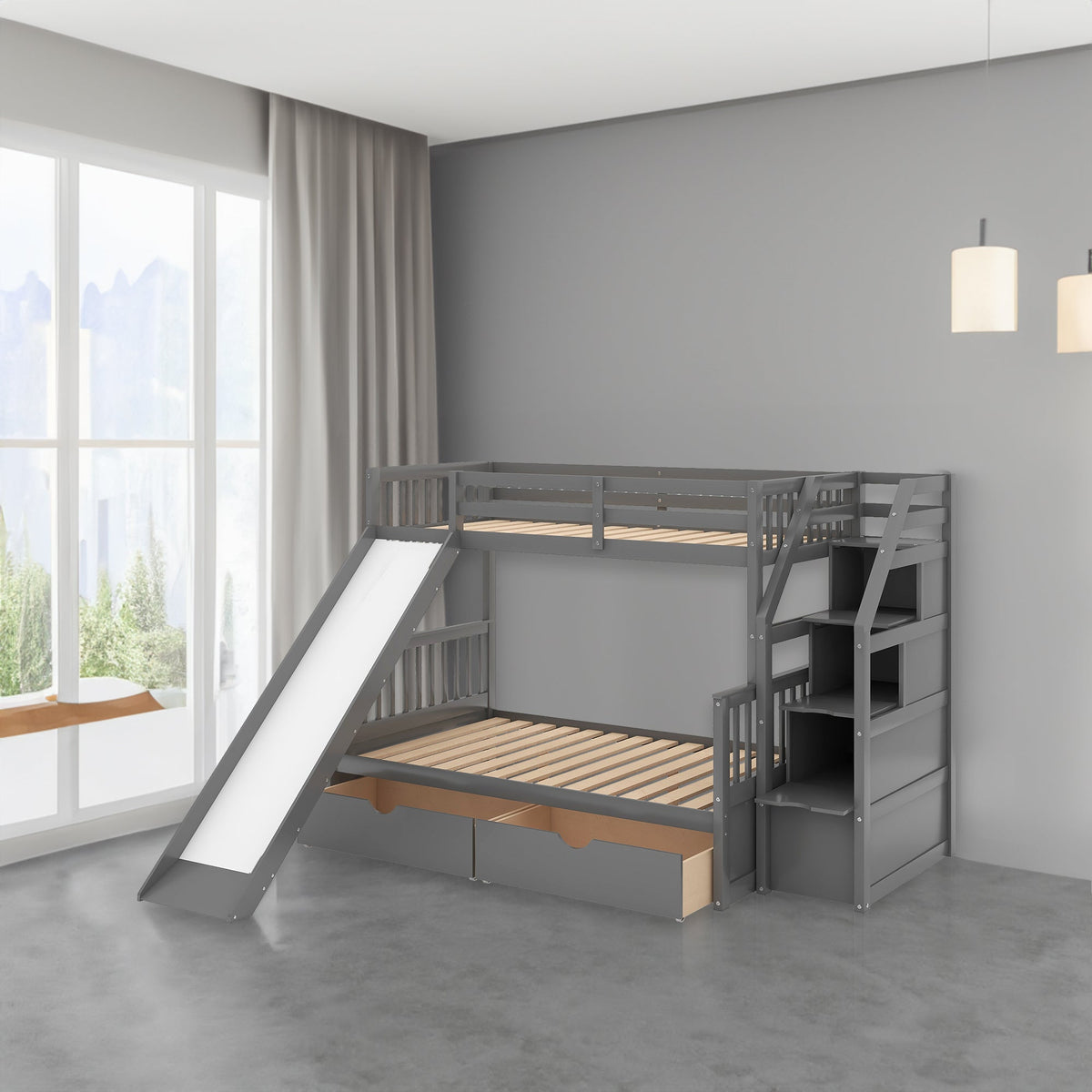 Twin Over Full Bunk Bed with Slide and Storage Drawers