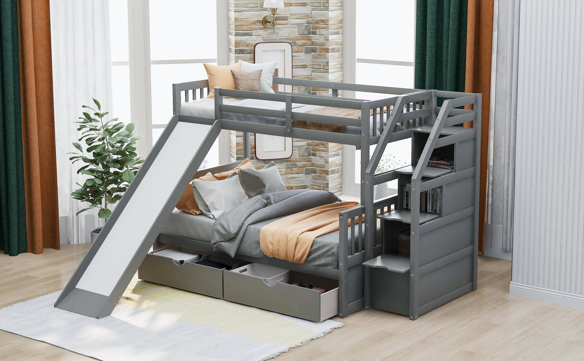 Twin Over Full Bunk Bed with Slide and Storage Drawers