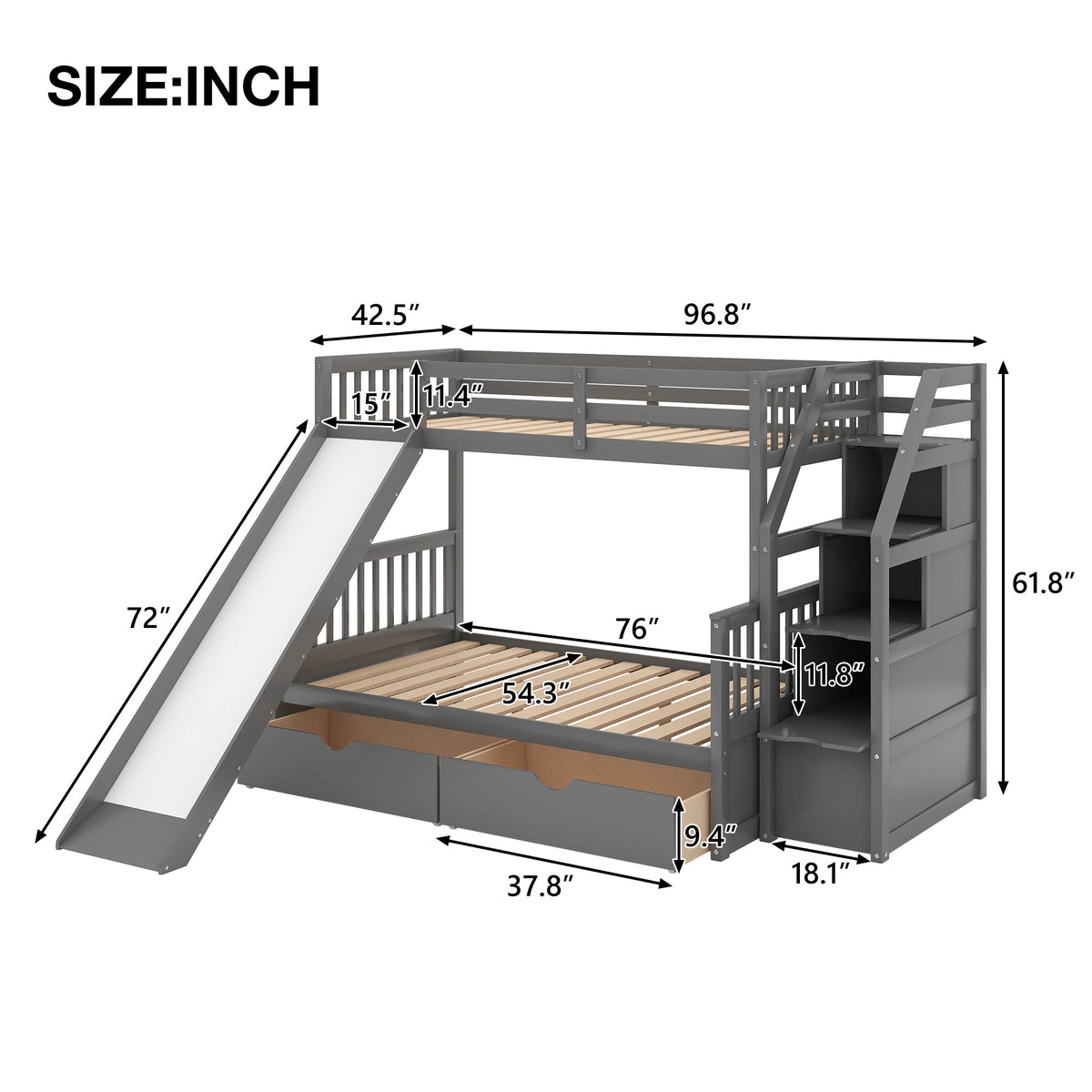 Twin Over Full Bunk Bed with Slide and Storage Drawers