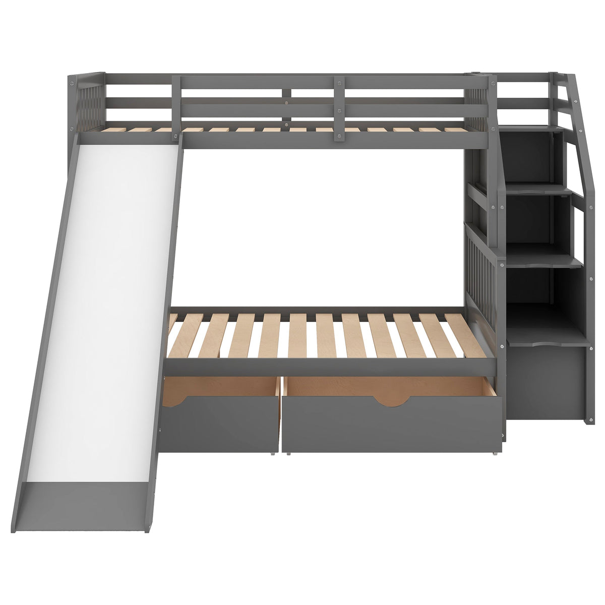 Twin Over Full Bunk Bed with Slide and Storage Drawers