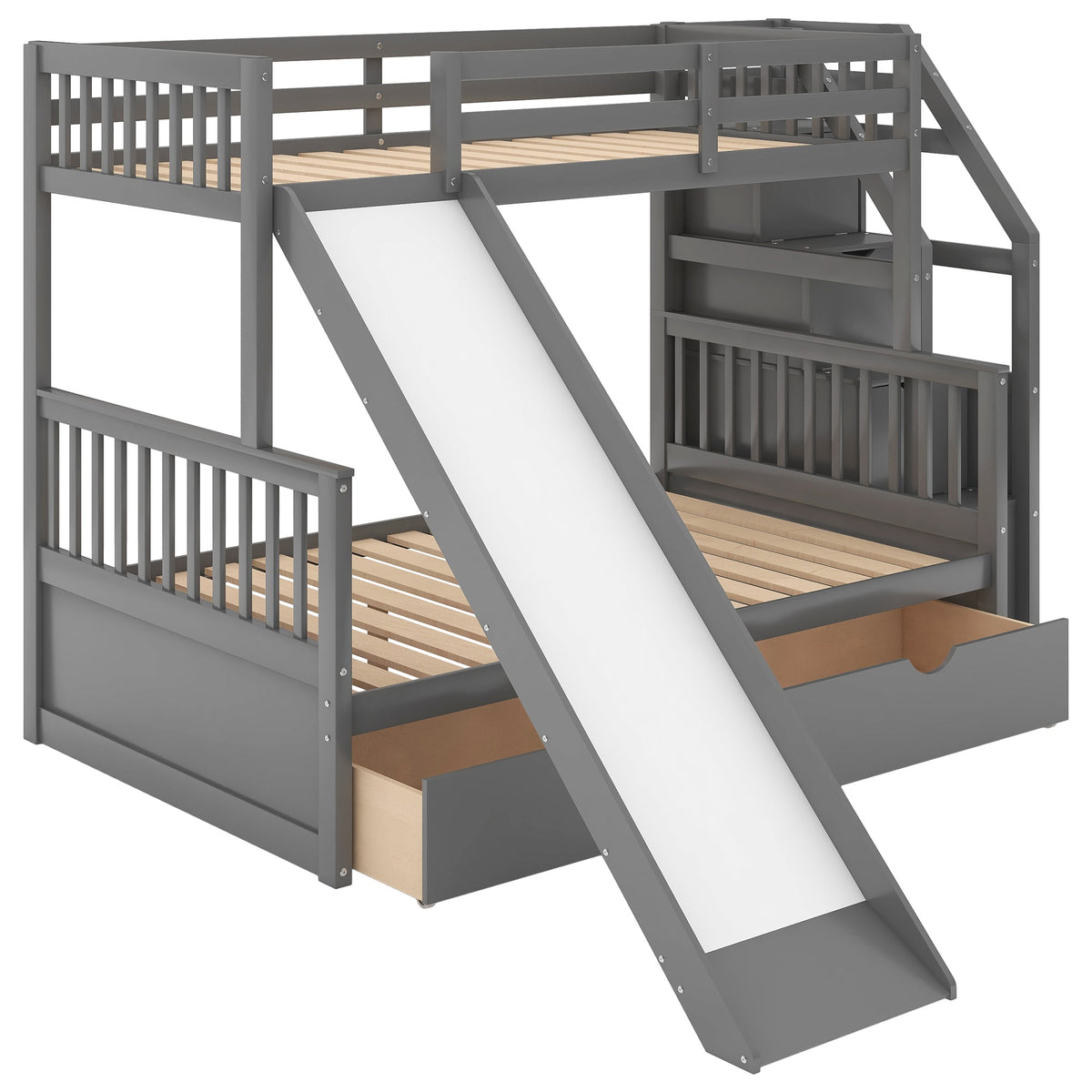 Twin Over Full Bunk Bed with Slide and Storage Drawers