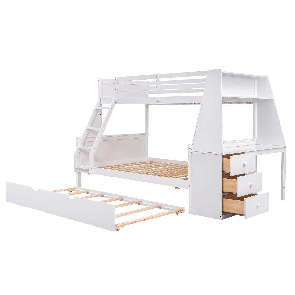 Twin Over Full Bunk Bed with Trundle, Desk & Drawers