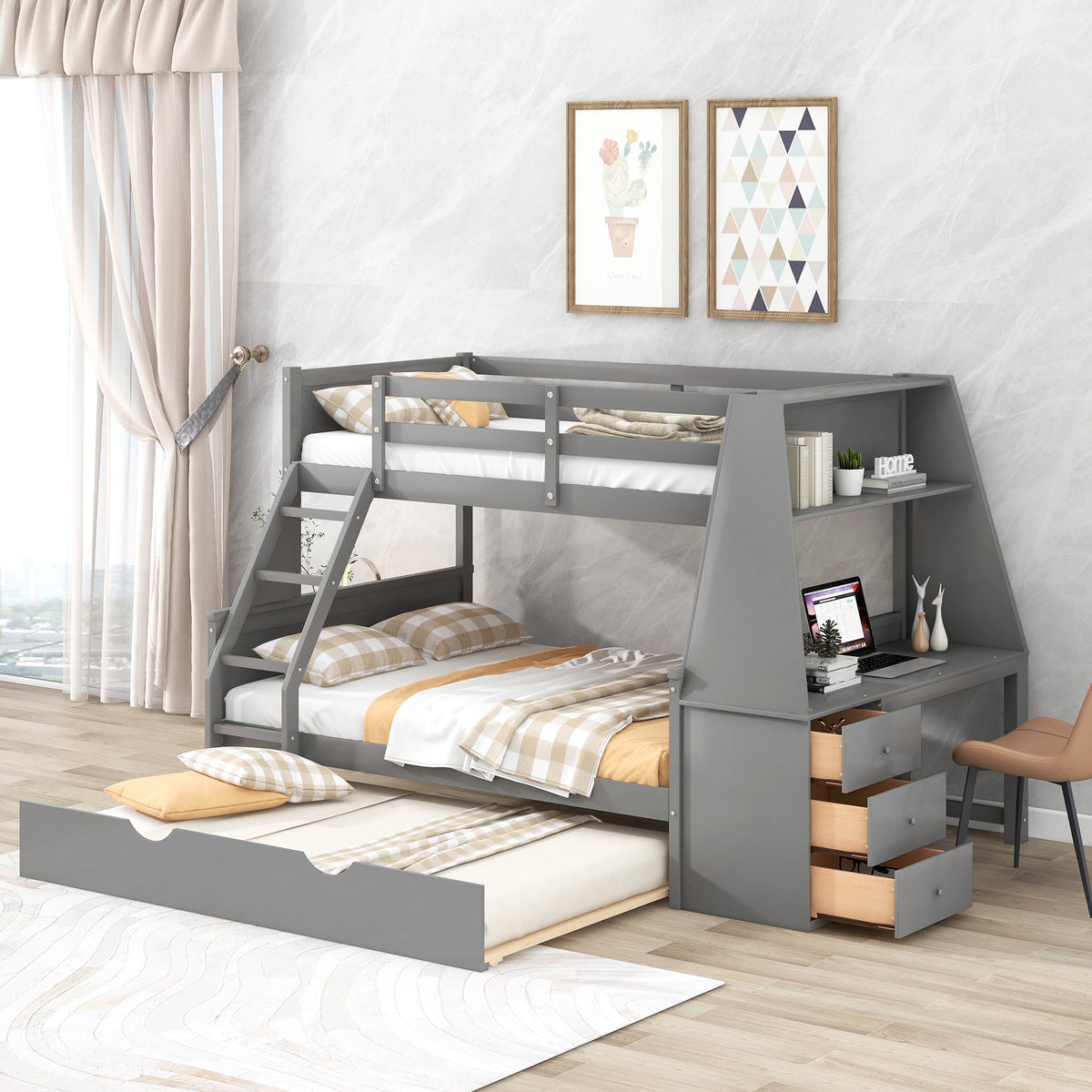 Twin over Full Bunk Bed with Desk, Drawers & Trundle