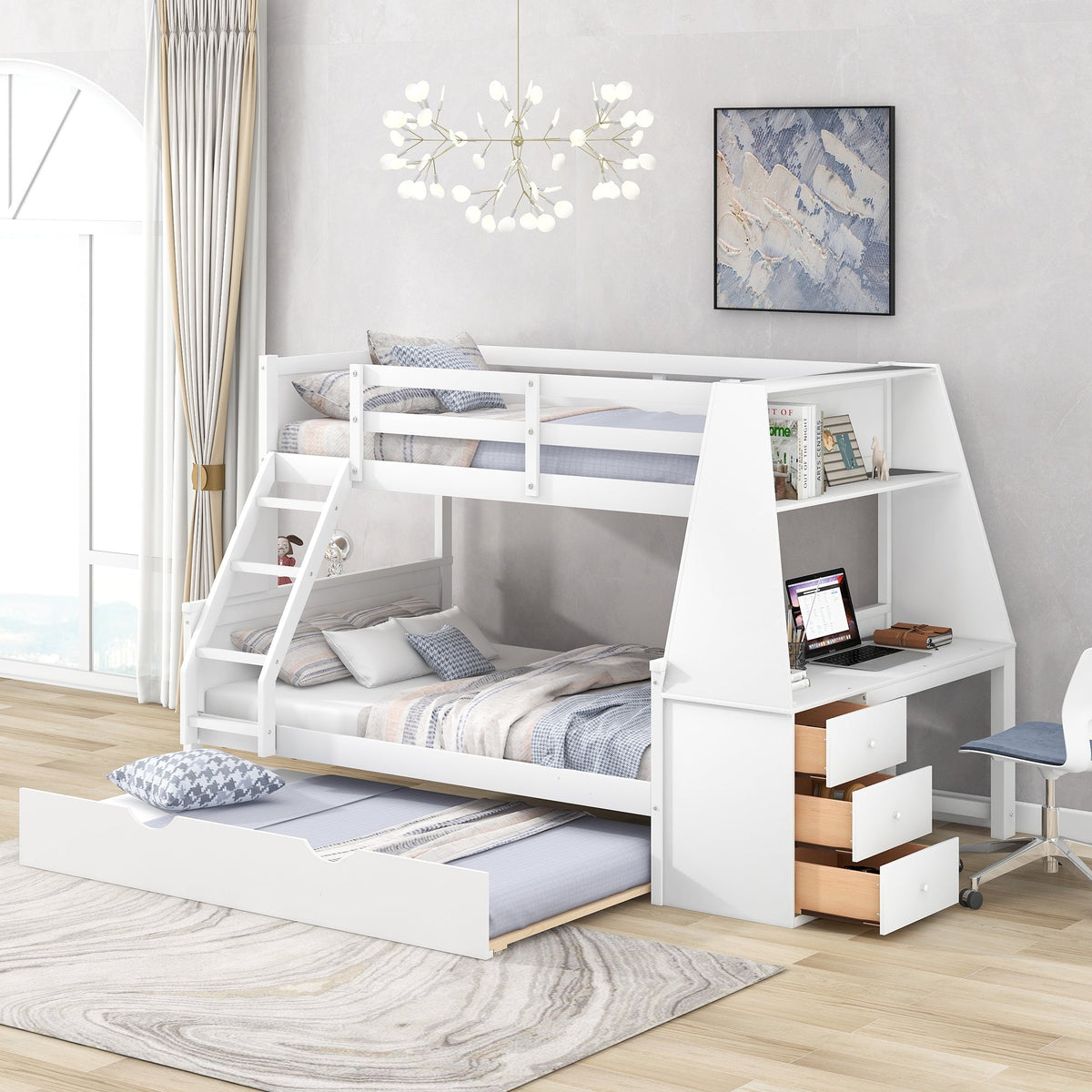 Twin Over Full Bunk Bed with Trundle, Desk & Drawers