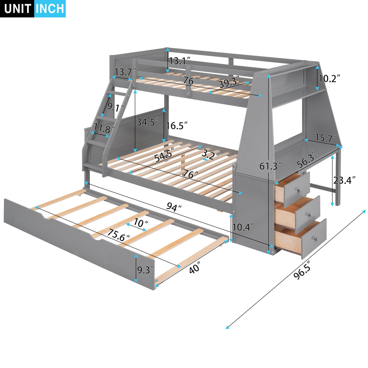 Twin over Full Bunk Bed with Desk, Drawers & Trundle