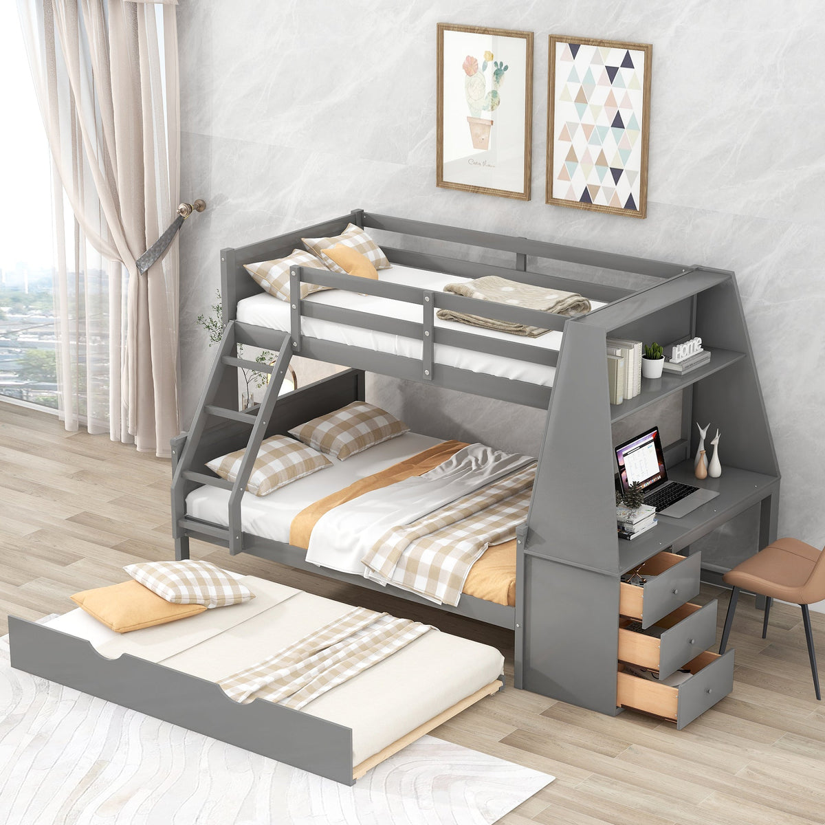 Twin over Full Bunk Bed with Desk, Drawers & Trundle