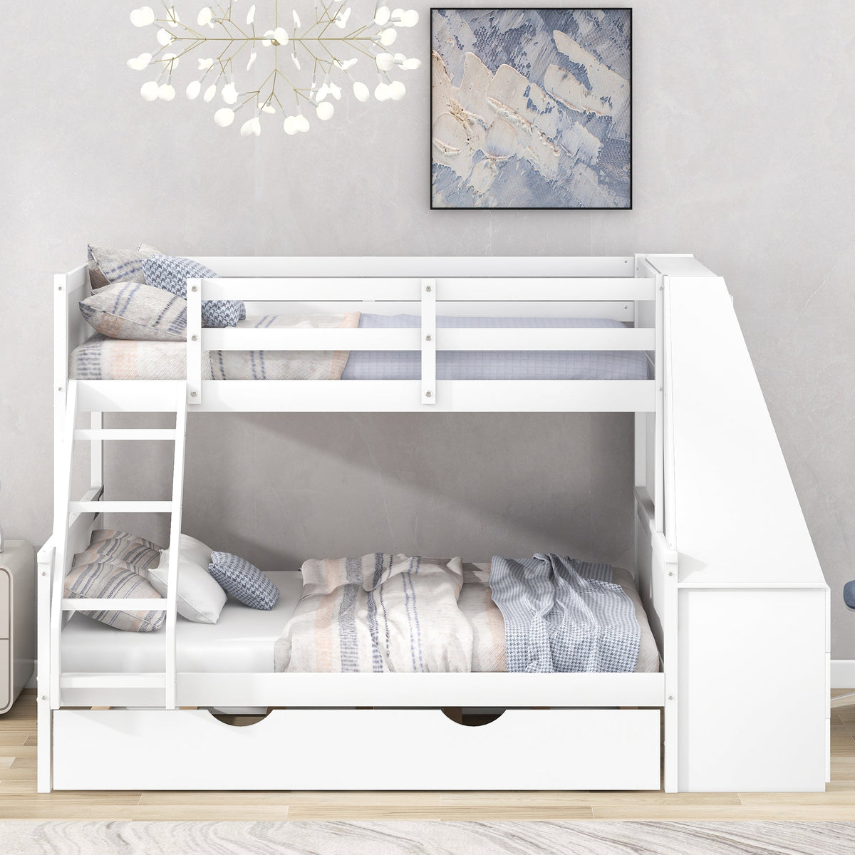 Twin Over Full Bunk Bed with Trundle, Desk & Drawers