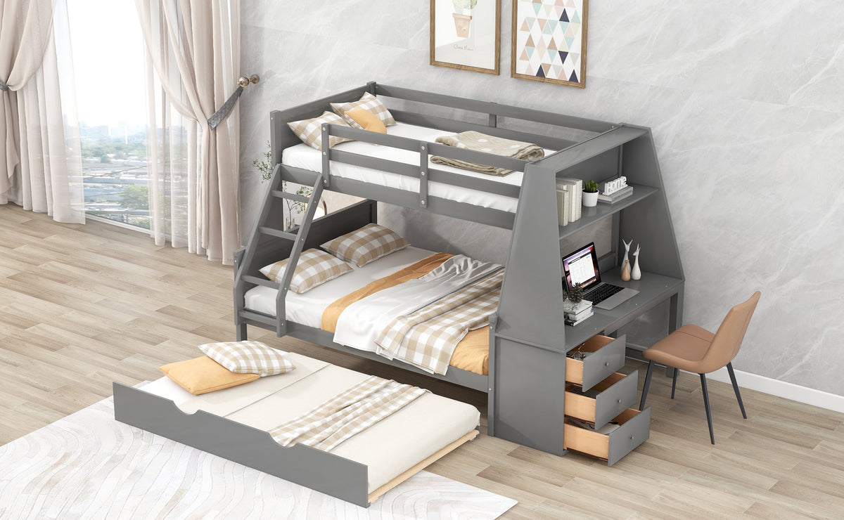 Twin over Full Bunk Bed with Desk, Drawers & Trundle