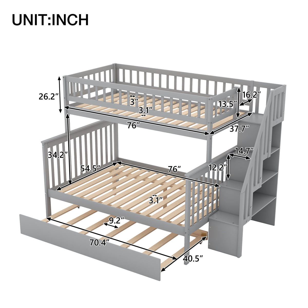Twin over Full Bunk Bed with Trundle and Staircase