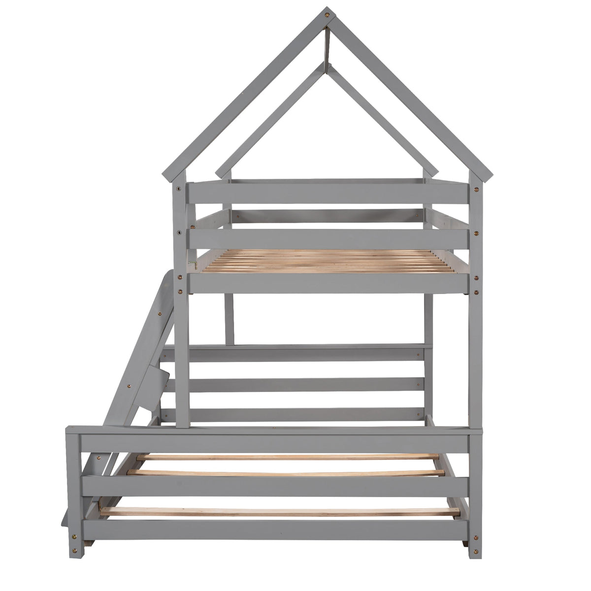 Gray Twin Over Full Bunk Bed with Ladder and Guardrails