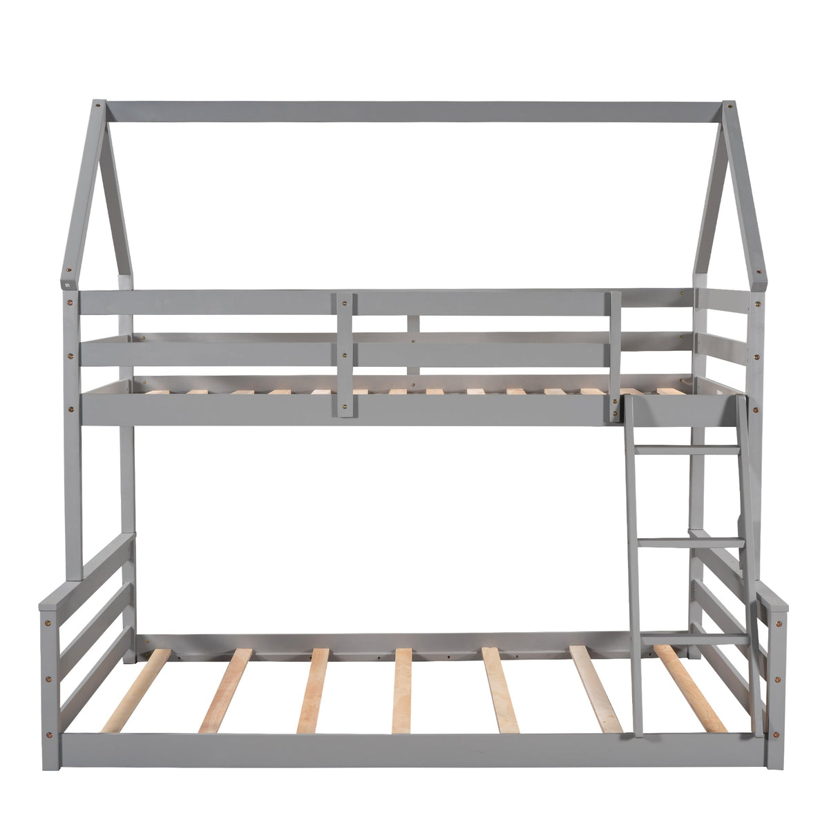 Gray Twin Over Full Bunk Bed with Ladder and Guardrails